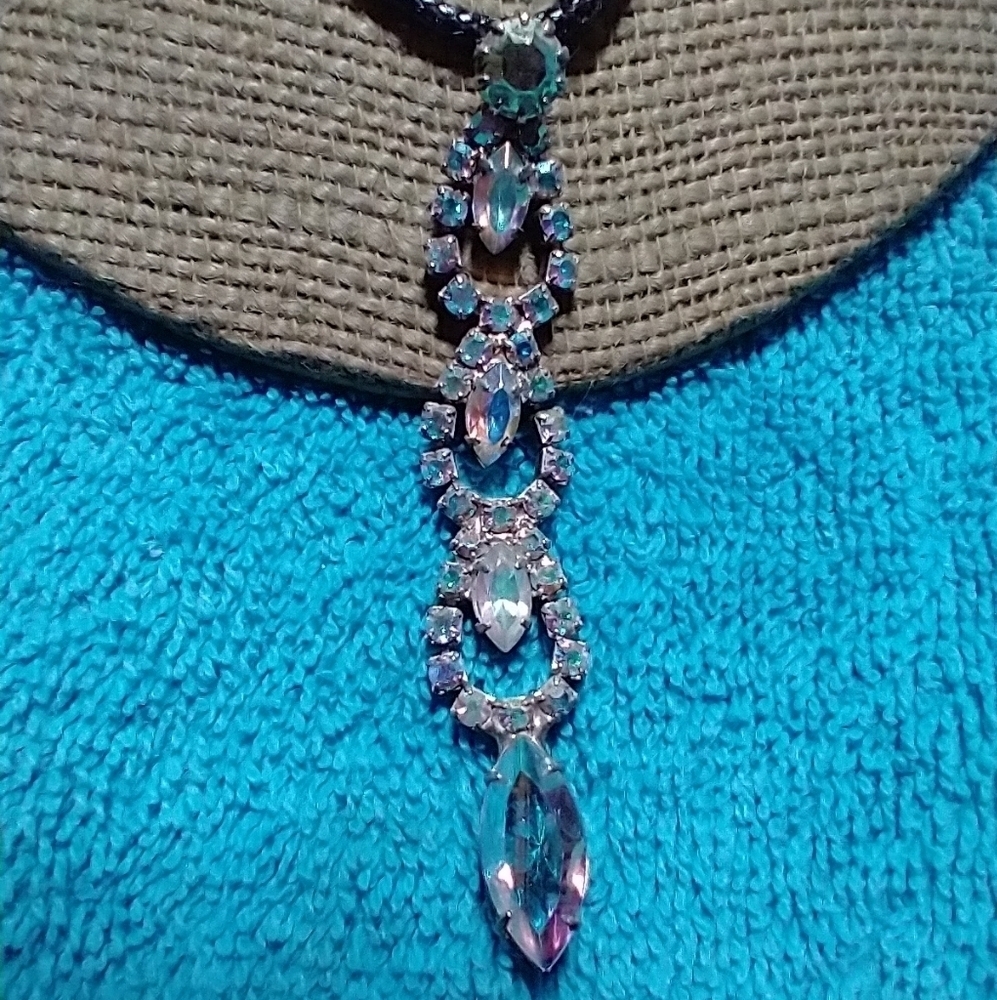 Aurora crystal long dangle pendant on black cord necklace